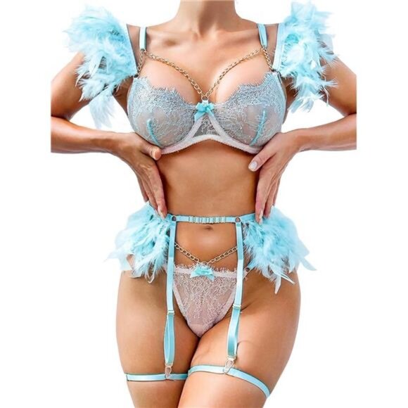 Chain Feather Lingerie, Eyelash Floral Lace, Underwire, Thong, 4 Pieces